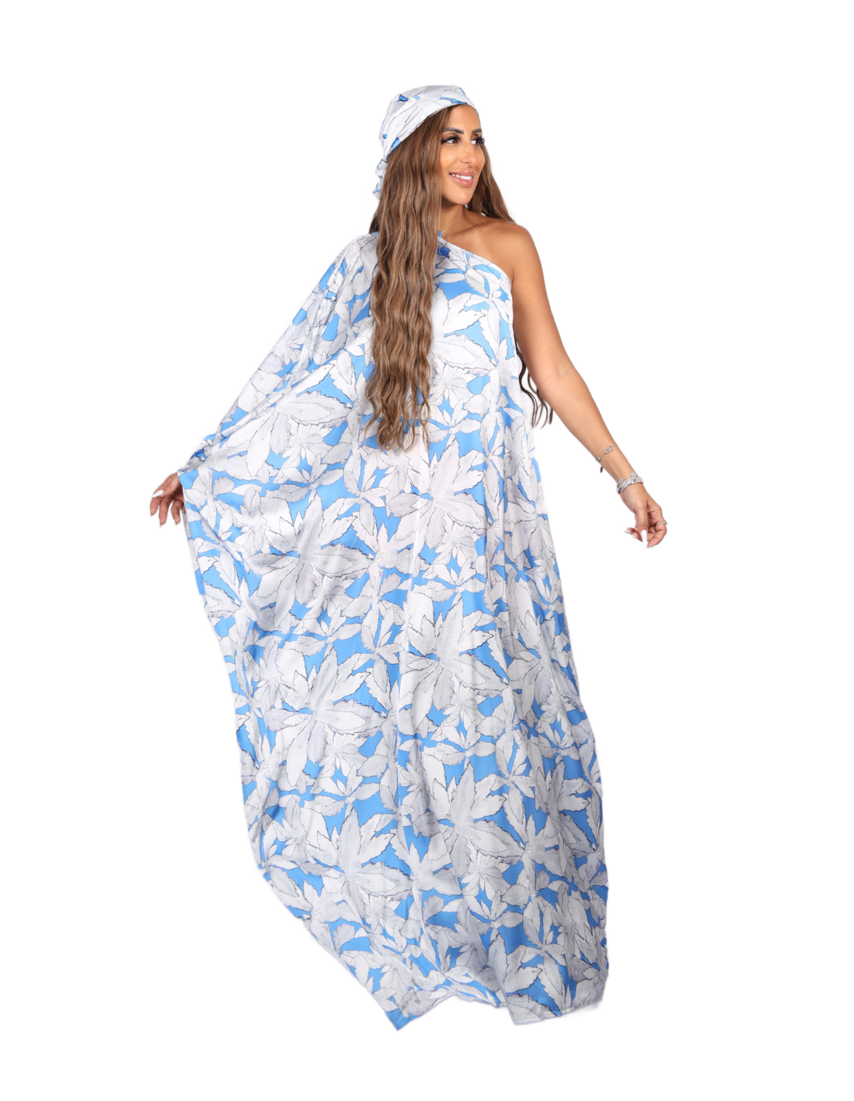 Azure Leaf One-Shoulder Dress Set